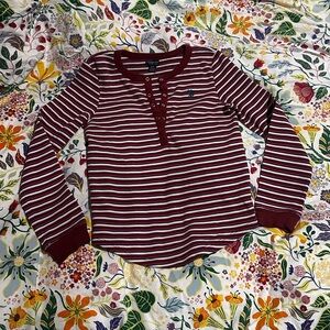 VINTAGE U.S. Polo Assn. Burgundy and White Striped Long Sleeve Top